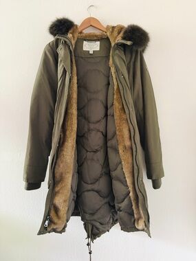 1 Madison Genuine Fox Fur Lined Trim Green Hooded Expedition Down Parka Coat